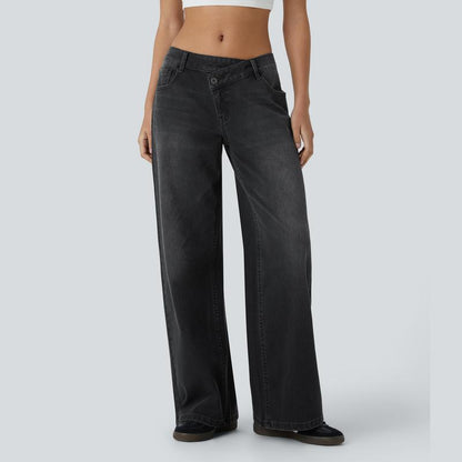 TheFitara Flex Asymmetric Low Rise Zipper Pockets Baggy Wide Leg Washed Casual Jeans